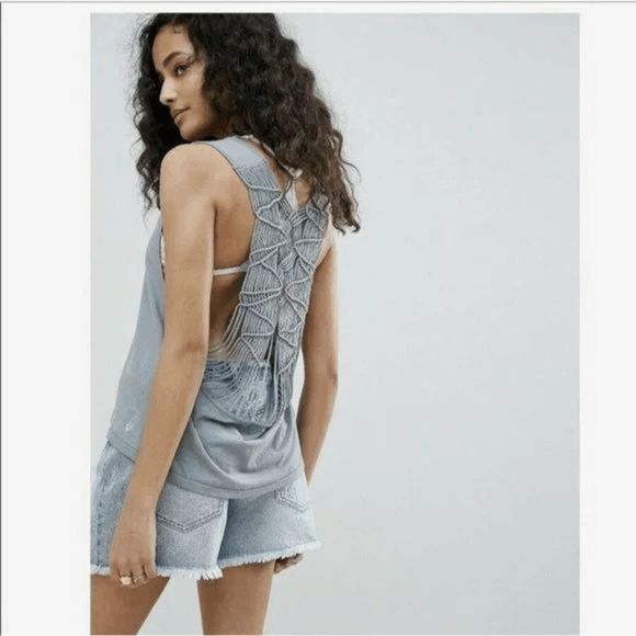 NWOT Free People Strappy Back Gray Woven Tank Top - Picture 10 of 15